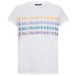 NEW Balmain White Stripe Logo Print Cotton Crewneck T-shirt Tee Top